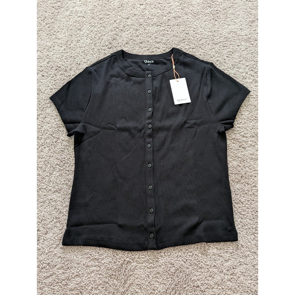 Quince Organic Cotton Micro Rib Button Tee Black Women's XL NWT Minimalist Top